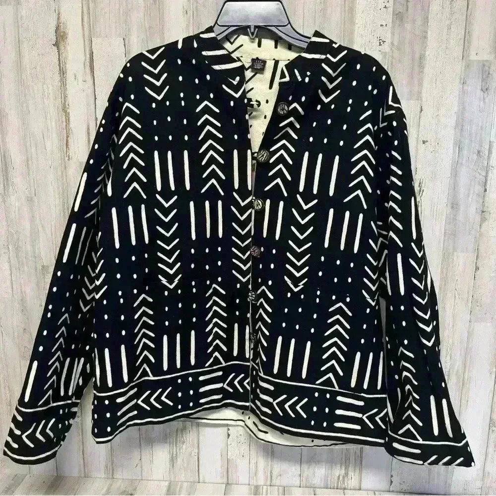 I.T.F. India Black Cream Aztec Print Cotton Reversible Jacket - Women's S/M